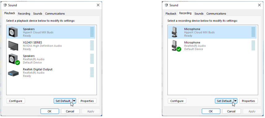 Windows playback and recording tabs